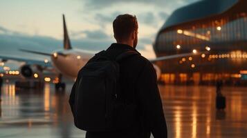 Young tourist silhouette man walking on a bustling airport terminal, carrying a backpack, eagerly heading off through an exciting trip travel background photo