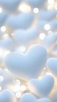 Many 3d white heart shapes decorating a warm light background valentine creating love a romantic and lovely Vertical atmosphere. format photo