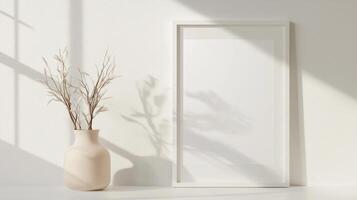 Stylish interior design with empty frame poster mockup, shelf grass in vase, pampas decor on modern and sunlight shadows on white wall Scandinavian style photo