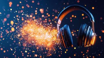 Wireless dj headphones engulfed in flames intense fiery explosion, sparks flying on dark background, symbolizing and music experience photo
