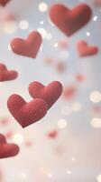 3d background, red hearts drifting valentine against pristine white Floating symbolizing romantic sentiment, perfect for love related design concepts. Vertical format photo