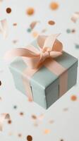 3d Pastel gift box suspended midair valentine around peach ribbon trailing, love, gravity swirling confetti celebrating festive moment. Vertical format background photo
