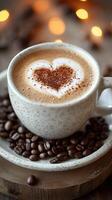A cup of cozy coffee with latte art in the shape of a heart, Vertical love, coffee beans adorning ceramic saucer. valentine format photo