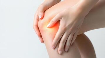 Woman grimacing, knee glowing red, signaling joint inflammation or potential ligament damage Copy space for text photo