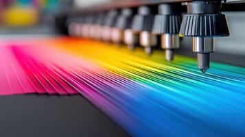 Precision plotter printing calibrating heads depositing ink across glossy color spectrum chart offset machine press fountain key color offset machine press fountain key color photo