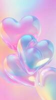 Iridescent valentine heart holography shaped soap bubbles drifting across soft pastel gradient, conveying delicate visual mood and ethereal romantic harmony background photo