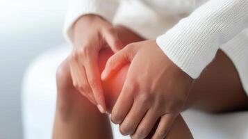 Woman grimacing, knee glowing red, joint inflammation or potential ligament damage meniscus photo