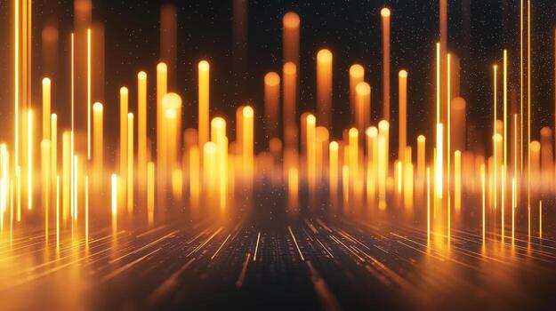 Glowing vertical neon lines emerging from yellow grid, representing progress with vibrant orange digital color palette Streaming power photo