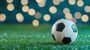 Soccer shadows resting on verdant grass, stadium lights casting dramatic sport under nighttime sky, highlighting spherical icon of ball football photo