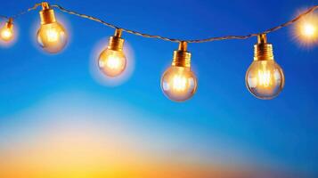 Luminous bulbs hanging from wire, emitting soft lighting against deep blue background, generating cozy, dramatic glow effect Copy space for text photo