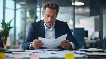 Overworked businessman suffering from headache while working with documents project sticky notes in office setting sense of preparation for an important meeting or and photo