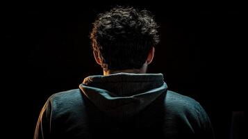 male lit room revealing anonymous Dark figure from back, hooded silhouette suggesting mysterious urban mood cyber risk photo