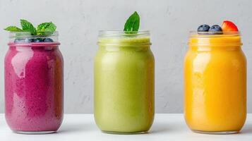 Glass jars holding colorful smoothies, topped with mint leaves, blueberries, fresh strawb erry slice, showcasing preparation beverage healthy for menu, recipe, and food blog photo