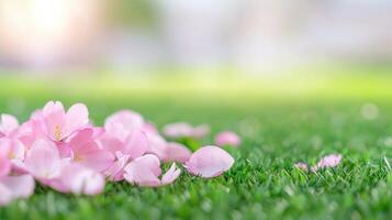 Delicate sakura pink blossom petals across verdant grass, basking in golden spring time sunlight green background Copy space for text photo