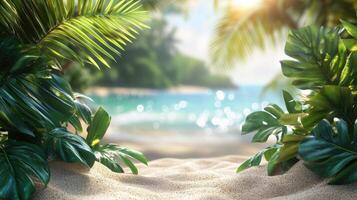 Vibrant golden sunset summer washing over verdant tropical beach coastline, silhouetted palm tree background accenting text tranquil ocean horizon Copy space for expansive photo