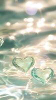 3d Glass love, delicately floating on rippling water valentine hearts bathed in soft golden light background, conveying intimate. Vertical format reflective water surface. photo