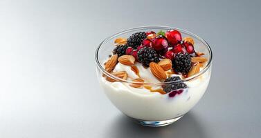Creamy Greek yogurt topped with honey in glass bowl with almonds, blackberries, redcurrants, drizzled with syrup food nutritious morning photo