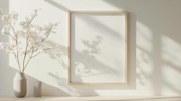 Stylish interior design with empty frame poster style pampas grass in vase, modern decor on shelf mockup, sunlight shadows on white wall Scandinavian and photo