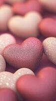 3d Glittering hearts in pink, gold, red floating valentine backdrop, over shimmering love burgundy evoking romantic, celebratory mood. Vertical format photo