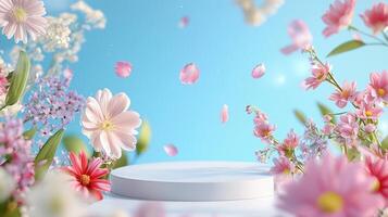 3d White podium displaying with falling flower pink and purple on blue showcasing background, perfect for sky beauty or spring products photo