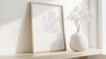 Stylish interior design with empty decor poster mockup, pampas grass in vase, modern frame on shelf and sunlight shadows on white wall Scandinavian style photo