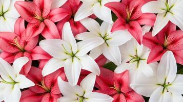 Soft watercolor rendering capturing delicate pink and pattern lilies blooming against muted pastel white background photo