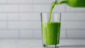 Green smoothie streaming into preparation white tiled surface showcasing nutritious beverage detox healthy eating glass, for menu, recipe and food blog copy space photo