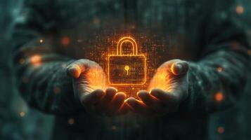 Businessman holding glowing digital padlock icon, symbolizing data protection and cybersecurity in secure surrounded by code, symbolizing business systems photo