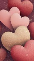 3d Glittering floating in pink, gold, red burgundy valentine love over shimmering hearts backdrop, evoking romantic, celebratory mood. Vertical format photo