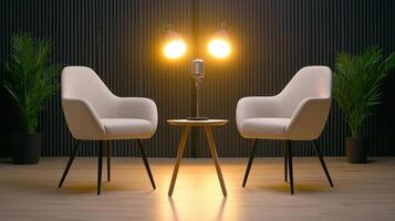 Professional recording podcast studio blogger setup featuring two armchairs, a microphone, design, small table, a and a minimalist lamps, ready for podcasting or interviews photo