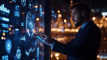 Professional businessman interacting with augmented reality holographic corporate controlling data flow interface, sleek nighttime in workspace photo