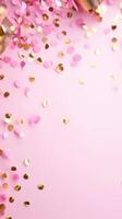 Sparkling pink and gold confetti sprinkled over pastel surface, radiating festive celebration with vibrant, shimmering background palette vignette color Copy space for text photo