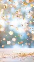 Golden confetti shimmering falling against a vibrant Vertical blue background with a soft bokeh effect, creating a festive and celebratory light atmosphere. format photo
