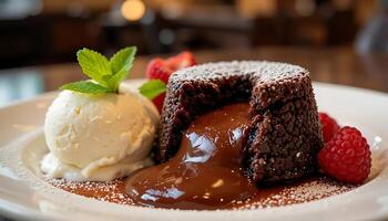 A chocolate lava cake with molten chocolate, served with a scoop of vanilla ice cream and berries photo