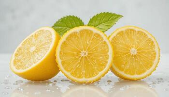 Lemon isolated. Half and slice of lemon with leaves photo