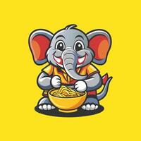 Humorous Illustration of an Elephant Indulging in a Bowl of Ramen Noodles vector