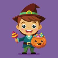 Boy in Witch Costume Trick or Treating with a Bucket of Candy vector