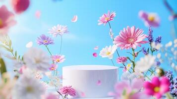 3d White podium displaying with falling flower pink and purple on blue sky products perfect for showcasing beauty or spring background, photo