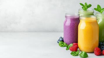 Glass jars holding colorful smoothies, topped with mint leaves, blueberries, fresh erry showcasing slice, strawb healthy beverage preparation for menu, recipe and food blog copy space photo