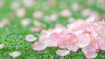 Delicate pink flowers sakura petals gently falling onto a soft background amidst a serene spring morning garden Copy space for text photo
