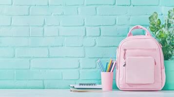 back to School accessories scattered on white surface near turquoise wall, featuring pink year, colored pencils, notebooks, backpack, for academic readying 4K photo