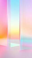 Glass abstract cube stage glowing with holographic, against colors iridescent soft pastel geometric. Vertical format background photo