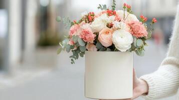 Woman holding a beautiful bouquet of pink and red roses in a decorative box with a blurred background of a flower shop photo