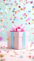 3d Pastel gift box valentine love tied with peach ribbon, adorned with backdrop. confetti against turquoise falling Vertical format photo