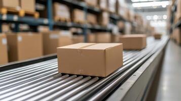 Cardboard box packaging moving industrial automated logistics center on through conveyor system photo