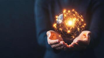 Businessman holding a glowing 3D holographic global network and data exchange, symbolizing worldwide communication and connectivity surrounded by network connection icons representing social media photo