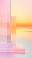Glass abstract cube stage glowing with holographic, iridescent colors against geometric. pastel soft Vertical format background photo