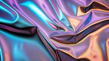 Abstract Crumpled holographic foil generating iridescent, shimmering surface with reflecting metallic texture colors dynamic light in vibrant abstract pattern background, 4K photo