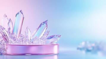 Aesthetic background, empty podium for crystals. surrounded copy space your ambient text photo