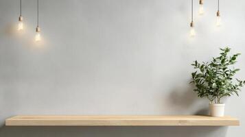 Minimalist interior design light an empty wooden plank board shelf, light bulbs, and a decorative vase against a clean white wall, featuring by natural illuminated photo